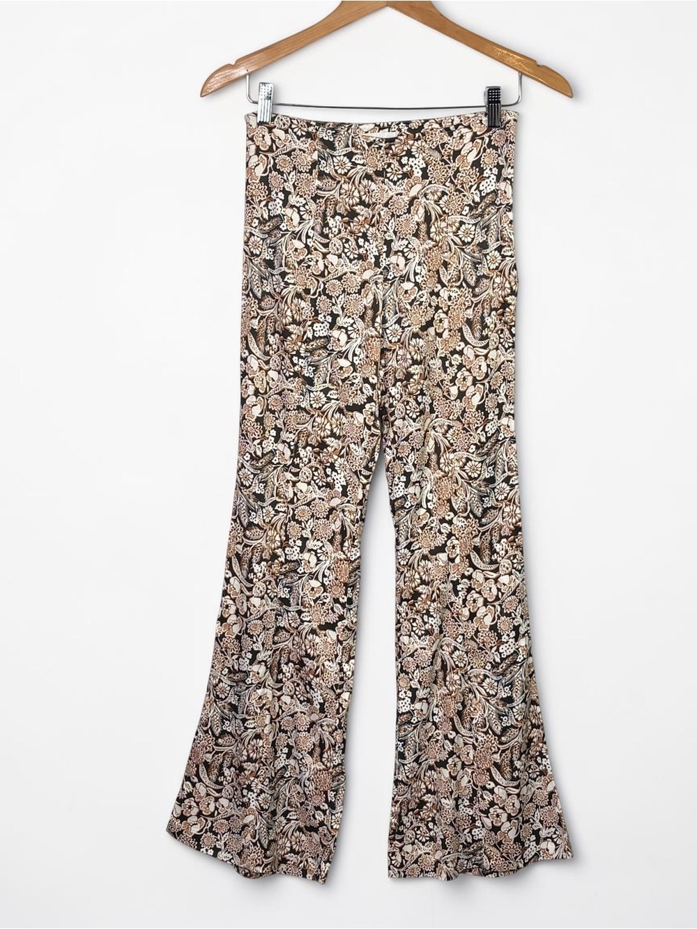 Anthropologie Floral Satin Flare Pants Retro Boho Size 2 Black Brown Cream - Picture 5 of 12